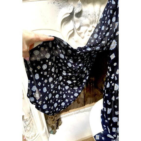 Free People black paisley Sheer Mock Neck Mini Dress flare top sz L Black - Picture 8 of 11